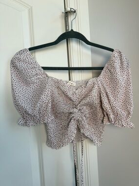 Blush White Puff-Sleeve Smocked Crop Top with Red Dot Print